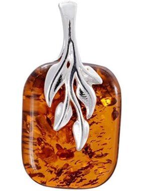 Natural Baltic Honey Amber Fern Pendant Necklace - 925 Silver, 18” Chain, GIA